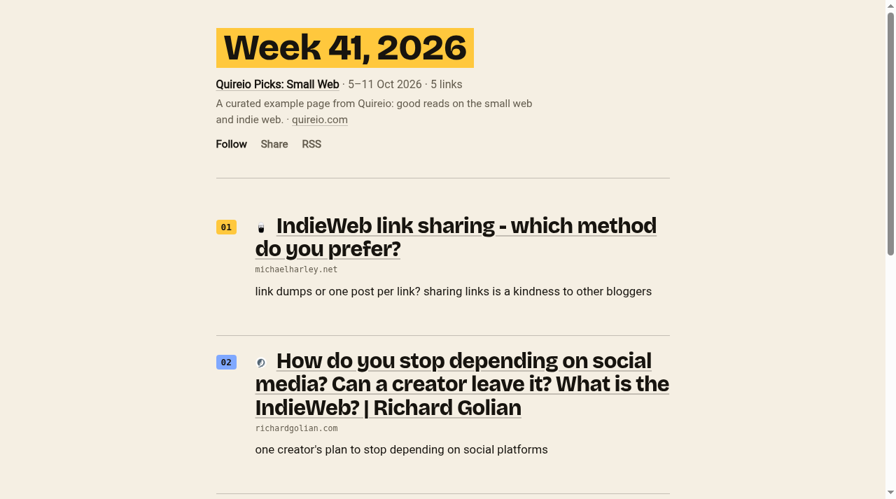 Actual Small Web weekly page showing its curated-example label and original links with notes